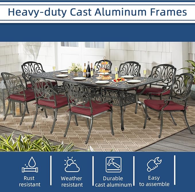 9-Piece Patio Cast Aluminum Dining Set, Outdoor Dining Furniture Set for 8 Person, Includes 94.5" Rectangular Dining Table and 8 Cushioned Chairs with Umbrella Hole for Deck Garden, Red
