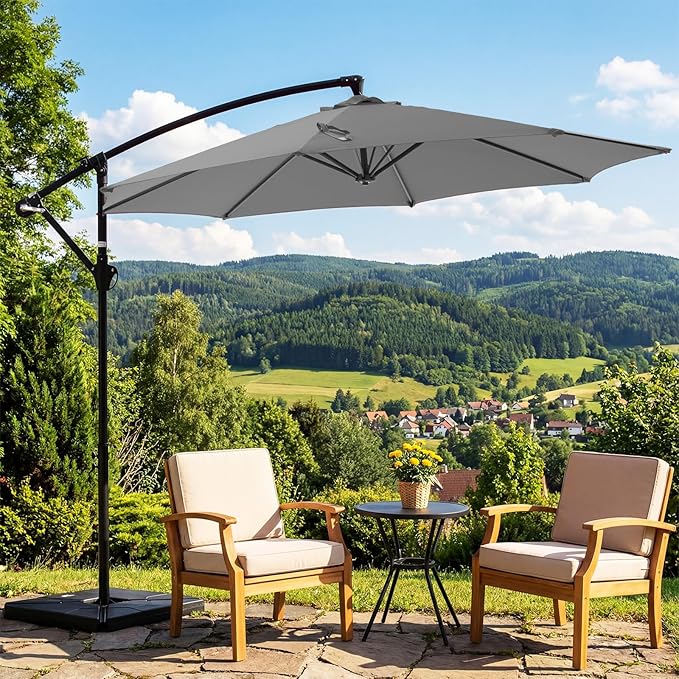 OLIXIS 9.8FT Offset Patio Umbrella with Base, Cantilever Table Umbrellas for Outdoor Sun Shade UV Protection with Easy Tilt Adjustment, 8 Ribs for Backyard, Lawn, Garden, Pool