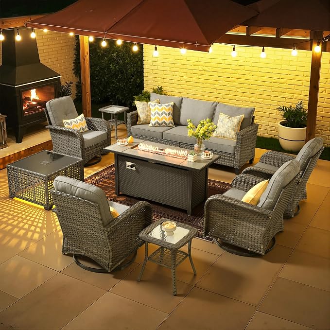CAODOC 9 Pieces Outdoor Furniture,Patio Furniture with 54" Fire Pit Table,Wicker Conversation Set for Balcony,Deck,Pool and Backyard(Dark Grey)