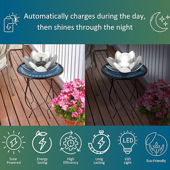 MCSLOTUS-S Silver Lotus Flower Solar LED Garden Light with Crackled Glass Globe – Waterproof Metal Outdoor Décor