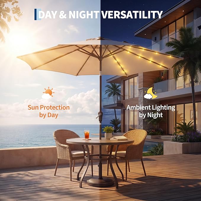 Garvee 10FT Patio Umbrella with 32 Solar LED Lights, Outdoor Table Market Umbrella with Tilt and Crank, 8 Sturdy Iron Ribs Sun Shade for Garden, Deck, Backyard and Pool, Beige