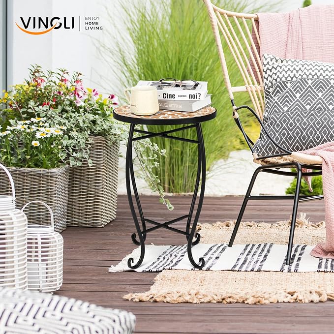 VINGLI Mosaic Outdoor Side Table, 14" Round End Table, Accent Table, Plant Stand Ideal for Pool Side, Porch, Patio, Deck or Sofa Side, Glass Top Black Iron, Golden Backyard