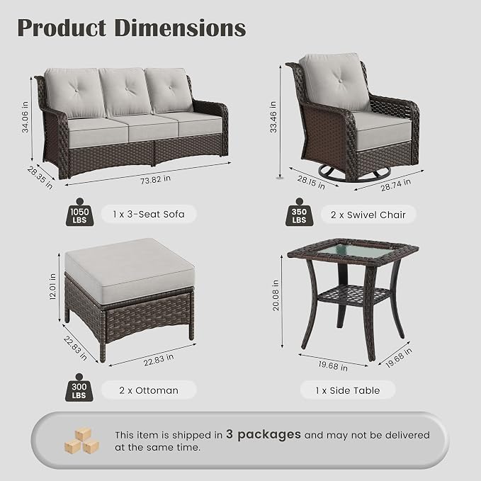 Sundale Outdoor 6 Piece Wicker Patio Furniture Set, High Back Outdoor Couch with Swivel Chairs & Ottoman, 6" Thick Cushion Patio Conversation Sets with Deep Seating for Yard, Deck (Grey)
