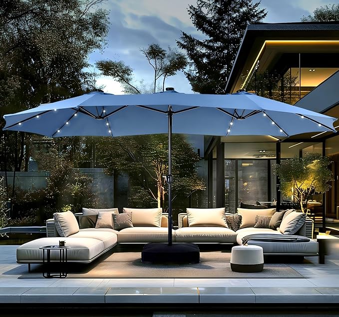 PHI VILLA 15ft Large Patio Umbrella with Solar Lights, Double-Sided Outdoor Market Rectangle Umbrellas with 36 LED Lights, Umbrella Base (Stand) Included, Haze Blue