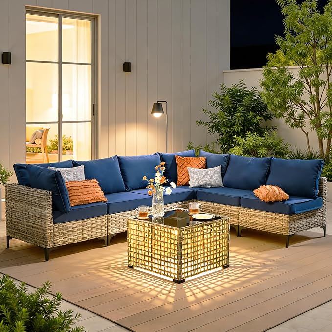 7 Pieces Patio Furniture Set with Solar Light Coffee Table, All-Weather Rattan Outdoor Sectional Conversation Sets L Shaped Sofas with Thick Cushions for Porch Balcony Backyard Navy Blue