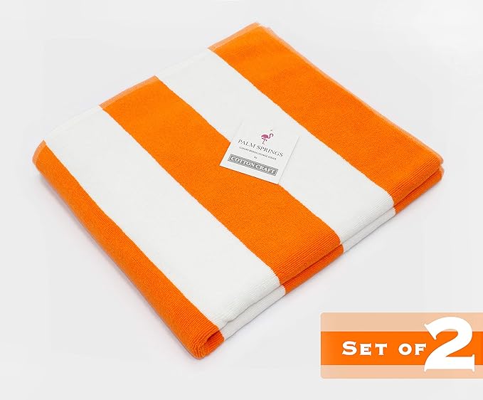 COTTON CRAFT Pool Lounge Chair Cover - 2 Pack - Chaise Beach Picnic Spa Towel - Cabana Stripe - Soft Premium Ringspun Terry Cotton - Oversized - 32 inch wide x 82 inch long with 7 inch Pocket – Orange