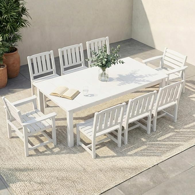 HDPE Outdoor Dining Set for 8, 9-Piece Outdoor Dining Table Set with 2" Umbrella Hole, Patio Table and Chairs Set with Aluminum Frame & Legs (White)