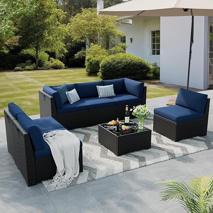 Patio Furniture Set, 7 Pieces Outdoor Sectional Sofa Set with Waterproof Cover, Black PE Wicker Rattan Slanted Back Outdoor Conversation Set with Cushions and Glass Coffee Table, Navy Blue
