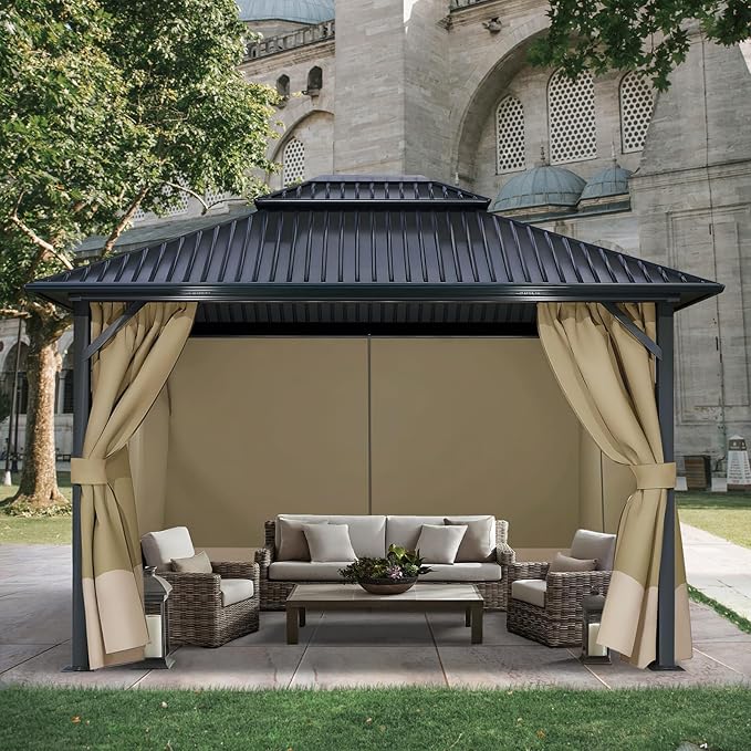 COWVIE 4-Panel 10' x 12' Gazebo Replacement Curtains, Patio Privacy Sidewalls with Double Zipper, Replacement for Outdoor Gazebo Canopy (Curtain Only)