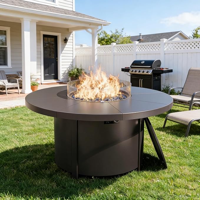 Gotland 5 Piece Patio Set, Aluminum Outdoor Swivel Chairs Set with 48’’ Round Fire Pit 5.1’’ High-Resilience Seat Cushions 29.5" Deep Seating, Metal Patio Furniture Set Patio Conversation Sets, Grey