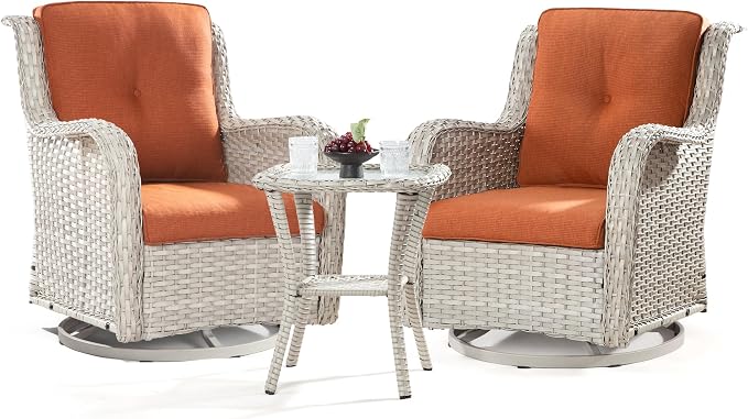 Joyside Outdoor Swivel Rocker Patio Chairs Set of 2 and Matching Side Table - 3 Piece Wicker Patio Bistro Set with Premium & Soft Fabric Cushions(Light Grey/Orange)