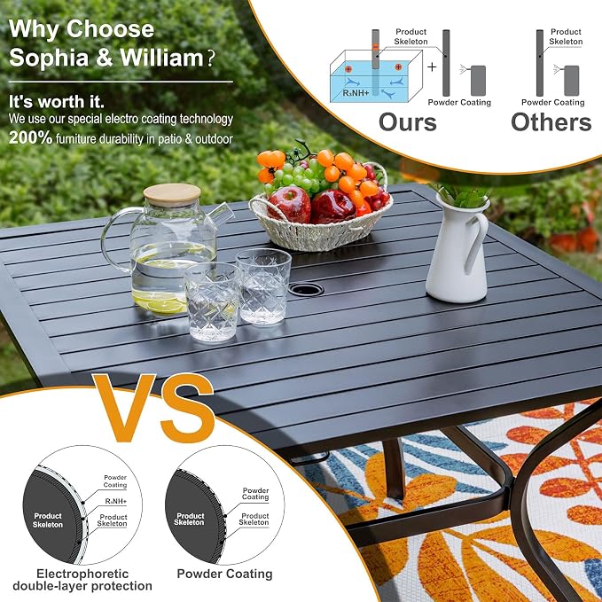 Sophia and William Patio Dining Set, for 4, Swivel Chairs | E-Coated and Steel, Square Table, Swivel Chirs, 1.57 umbrella hole, Weather-Resistant, Easy to Clean