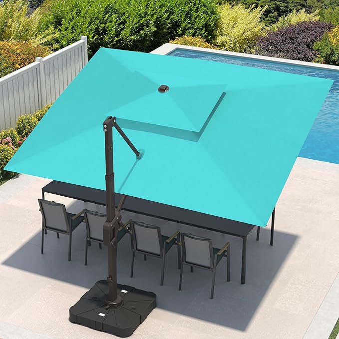 9x12 FT Cantilever Patio Umbrella with Base and Led Lights Double Top Outdoor Rectangular Large Heavy Duty Aluminum Offset Umbrellas with 7 Level Tilt 360-degree Rotation for Pool Garden Deck, Turquoise
