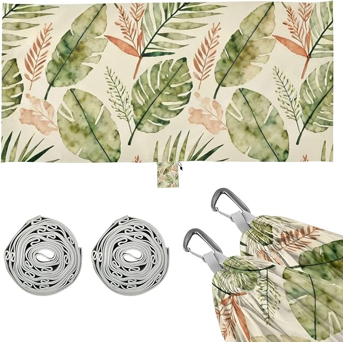 Watercolor Tropical Leaves Outdoor Hammock with Tree Straps for Outside Patio Garden