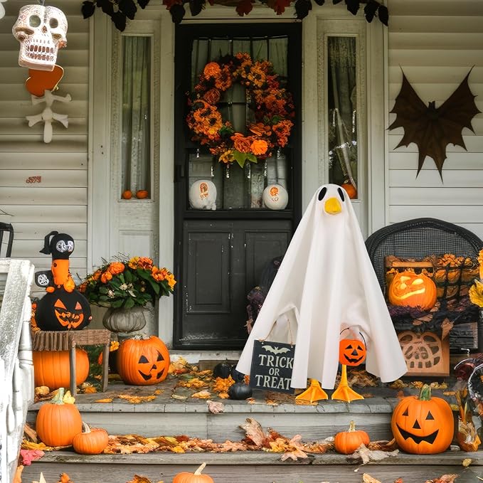 Halloween Goose Outfit Ghost Porch Goose Costume for Outdoor Decor | for 23'' Plastic/Cement Statues, Yard Statue Clothes Silly Lawn Goose Costume Patio Lawn Decor