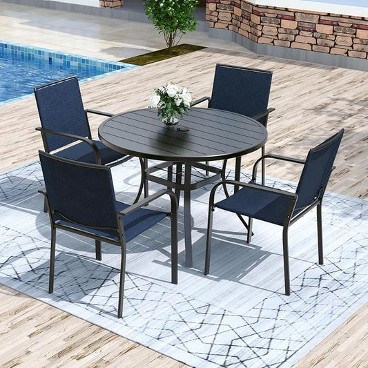 Anmutig 5 Piece Patio Dining Set 41 Inch Round Table Stackable Chairs Blue | Powder-Coated Steel Frame, Quick-Dry Textilene Mesh, Dual-Size Umbrella Hole, Weather Resistant, Patio, Garden, Backyard