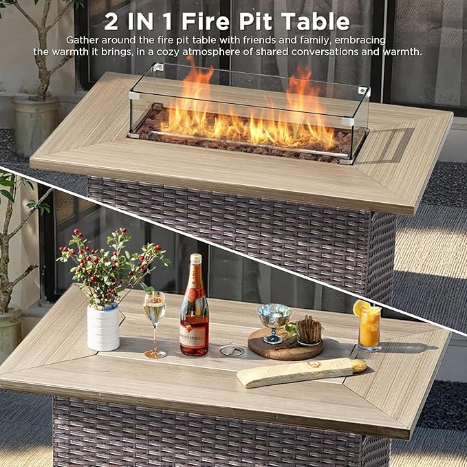 8 Pieces Luxury Patio Furniture Set with 42.5" Fire Pit Table, 6-Inch Thick Cushions Wicker Outdoor Furniture with Outdoor Rocking Chairs Set of 4, Outdoor Patio Conversation Set for Garden, Blue