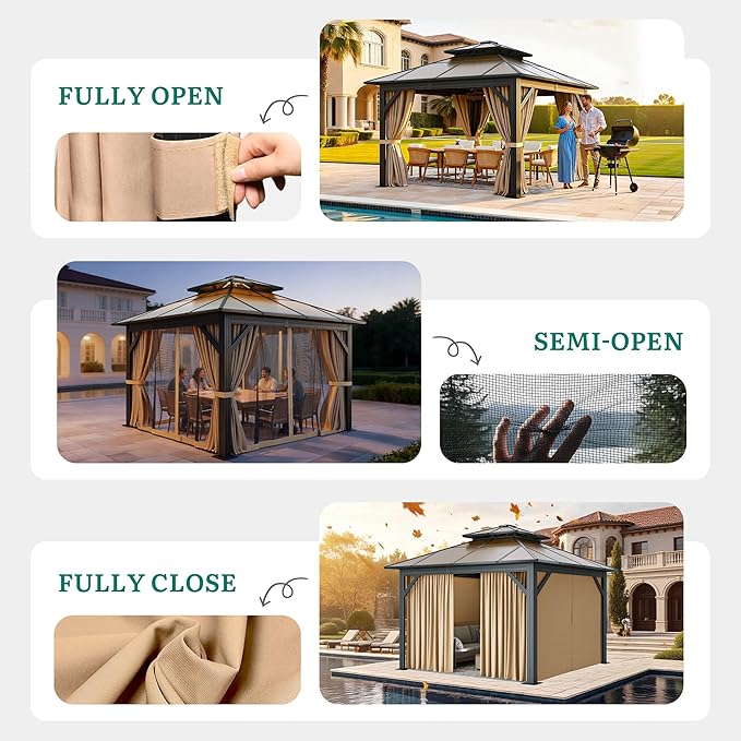 YITAHOME 10X10FT Polycarbonate Gazebo Outdoor Patio Double Top Canopy Galvanized Iron Aluminum Column Garden Tent Curtains Netting for Backyards Decks Lawns,Brown