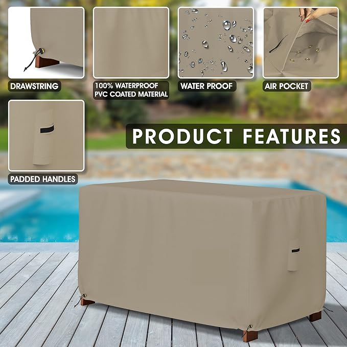 Covers & All Patio Deck Box Cover - Heavy Duty 12 Oz Waterproof Outdoor Yard Cushion Storage Box Protection 100% Weather Resistant with Air Pockets and Drawstring. (44”W X 28”D x 24”H, Beige)