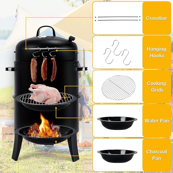32" Vertical Charcoal Smoker Grill, Heavy-Duty BBQ Grill with Built-in Thermometer, 3 in 1 Grill and Smoker, Portable Meat Cooker with Air Vent for Outdoor Barbecue Cooking