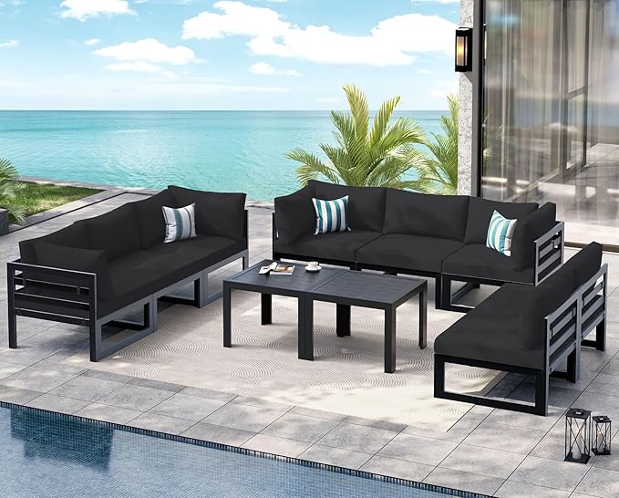 NICESOUL 10 Piece Large Luxury Aluminum Patio Conversation Set, 29" Deep Wide Comfortable Sitting, L Shaped Modular Sectional Couch, 500 lbs Heavy Duty All Weather Outdoor Sofa for Backyard, Black