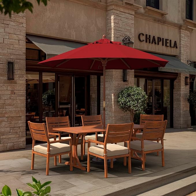California Umbrella 9' Premium Commercial Hardwood Patio Umbrella, Manual Lift With Pacifica Red Fabric