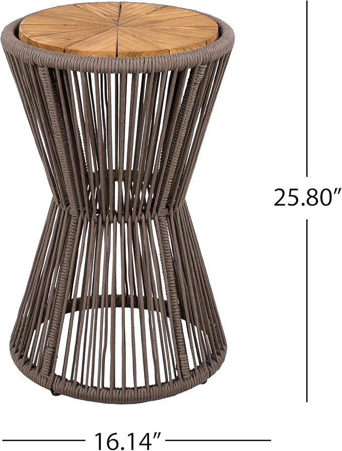 Merax 2 Pieces Round Outdoor Side Table Set, Bohemian Patio Side Tables with Acacia Wood Top and Dark Grey Handwoven Rope Base for Garden, Yard, Elegant Hourglass Design, No Assembly, 25.8" Height