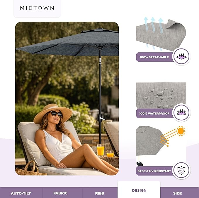 Midtown Umbrellas - The Lean 9 Ft Patio Umbrella with Fade-Resistant Sunbrella Fabric, Auto-Tilt Aluminum Frame and 8 Reinforced Ribs for Deck, Pool & Garden - Cast Slate Canopy, Black Pole