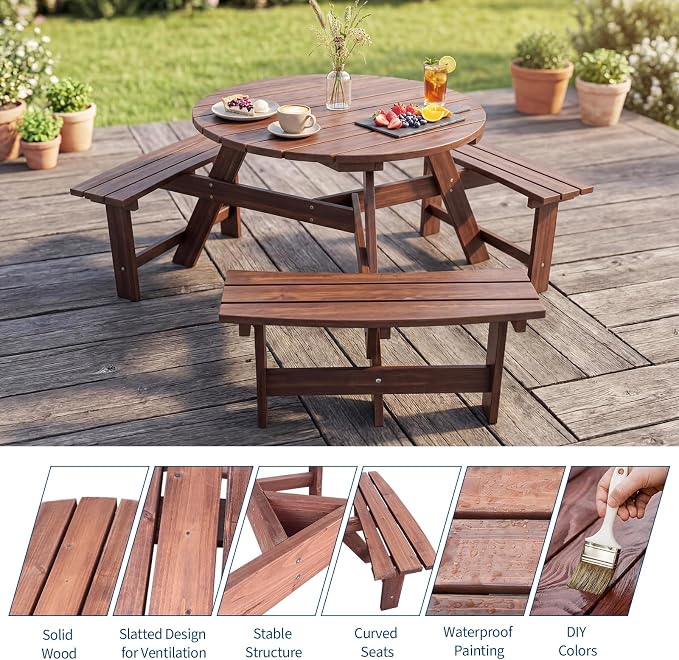 Garvee 6 Person Wooden Picnic Table, Outdoor Picnic Tables with 3 Built-in Benches, Circular Camping Dining Table and Chairs Set with Umbrella Hole for Garden, Patio, Backyard, Walnut Brown