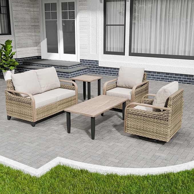 Modern Wicker Patio Furniture Set, Rattan Outdoor Conversation Set with Comfortable Cushions, 2 Swivel Rocing Chairs, 2 SeatLoveseat, Coffee Table and Side Table, 5 Pieces, Brown/Gray