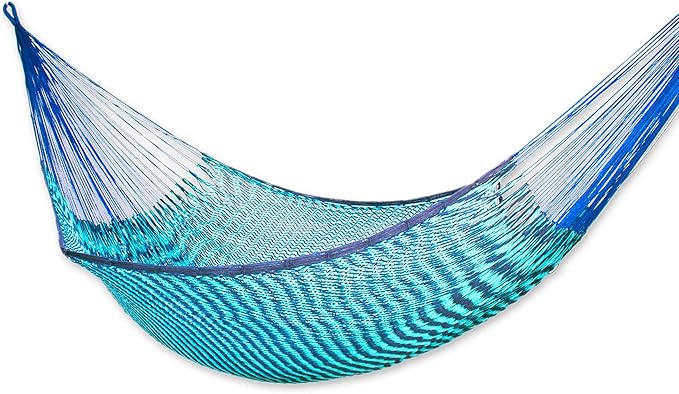 NOVICA Green Teal Blue Cotton Hand Woven Mayan Rope 2 Person XL Hammock, 'Riviera Sapphire' (Double)
