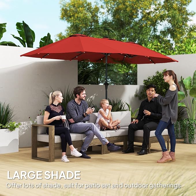 Outsunny 13ft Large Patio Umbrella with Solar Lights, Rectangular Double-Sided Outdoor Market Umbrella with Crank Handle and 48 LED Bulbs for Garden, Pool and Backyard, UPF 30+