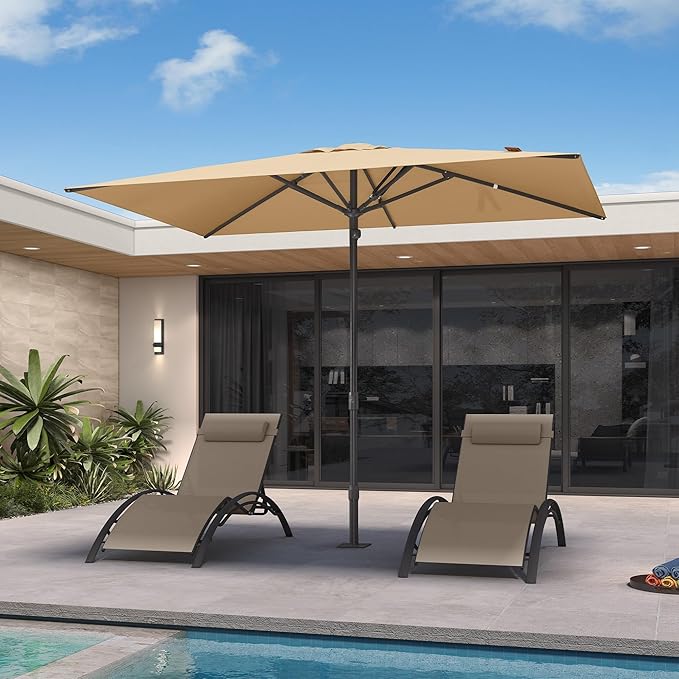 PURPLE LEAF 10' x 6.5' Rectangular Semi-Auto Outdoor Patio Umbrella Aluminium Market Umbrella Table Sun Umbrella with 1.89" Rod and 6 Sturdy Ribs for Deck Lawn Pool Garden, Beige