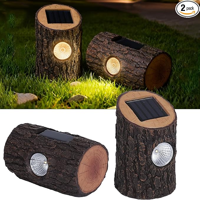 Solar Garden Lights Outdoor 2 Pack, Decorative Rustic Tree Stump Pathway Lights, Warm White Auto On/Off IP65 Waterproof Lights for Yard, Patio, Lawn, Flower Bed, Steps, Garden Decor Gifts