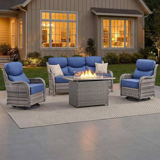 Luxury Patio Furniture Set with 6-inch Thick Cushion, Outdoor Furniture with Fire Pit Table, Swivel Chairs, Sofa, 4pcs Wicker Conversation Set for Deck Yard and Poolside Grey Wicker | Blue Cushion
