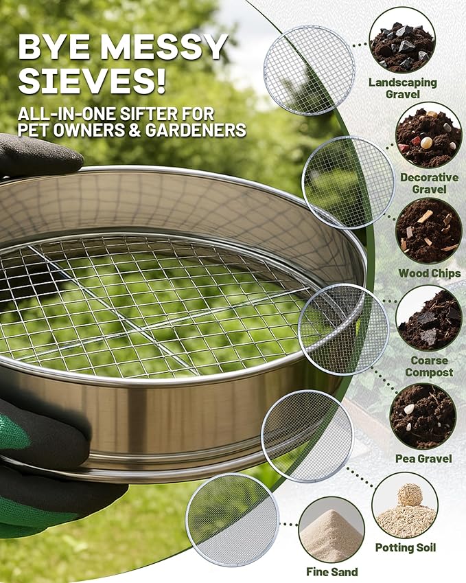 5-in-1 Soil Sifter Set with 5 Replaceable Stainless Steel Mesh Screen & Shovel (1/8" - 1/2"), Soil Sifter for Soils, Compost, Bonsai etc. (11-5/8" Diameter) (15-in-1 Sets)
