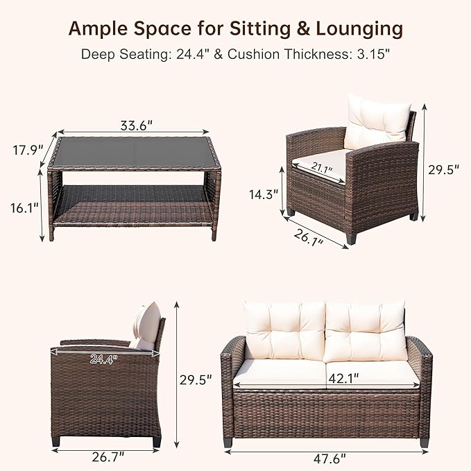Devoko 4-Piece Patio Furniture Set, All-Weather PE Rattan Outdoor Conversation Set with Thick Cushions & Glass Coffee Table, Brown Wicker Patio Sofa Set for Backyard, Porch, Garden