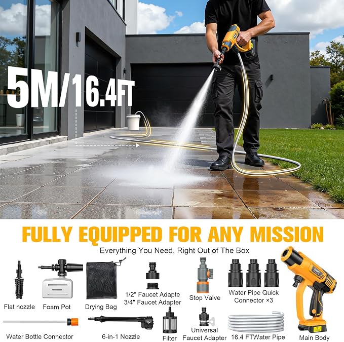 DIYtoolifz Cleaning Tool Compatible with DeWalt 20V Battery, 2.2LBS, with 16.4ft Hose & 6-in-1 Nozzle + Attachment for Car, Patio, Fence (Battery not Included, Tool Only)