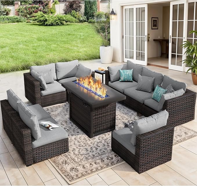 Patio Furniture Set 9 Pieces with 44" Fire Pit Table, Rattan Outdoor Sectional Conversation Sets, All Weather Outdoor Furniture Set with Cushions for Garden Lawn Balcony Porch Deck Grey