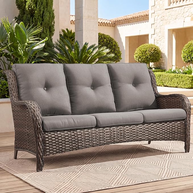 Belord Patio Sofa Luxury PE Wicker 3-Seater Outdoor Couch, Modern All-Weather High Back Deep Seat Woven Furniture Set for Porch, Deck, Balcony, Backyard - Brown/Grey