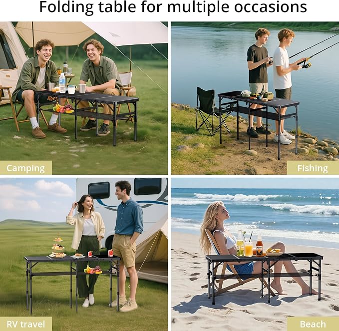 Anbte 4-Fold Camping Table with Storage Net, 3 Adjustable Height Max 27.5” | 4ft Aluminum Portable Table, Portable & Compact, 46” x 16”, for Picnic Beach Outdoor Indoor Backyard RV Travel, Black