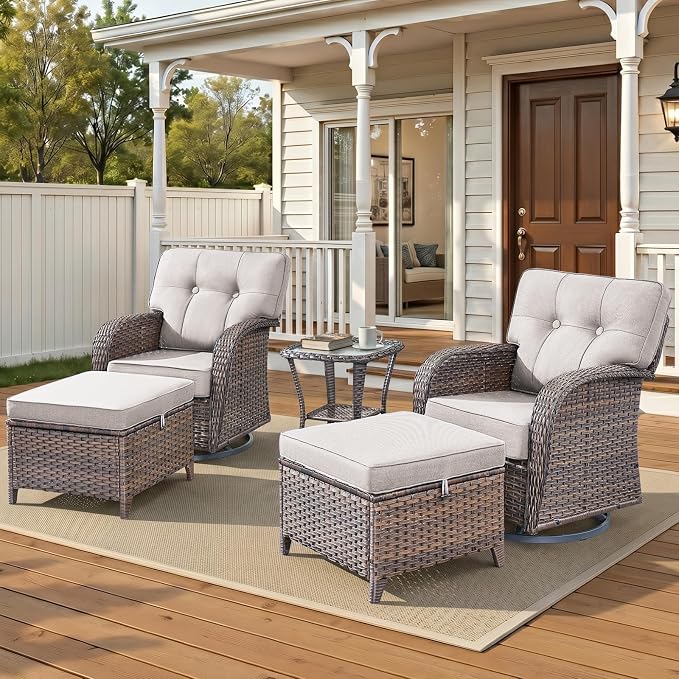 5 PCS Patio Furniture Set Outdoor Sectional Sofa Couch with Rocking Swivel Chairs 5" Deep Seat Chairs, Modern Wicker Rattan Conversation Set, Beige/Brown Wicker