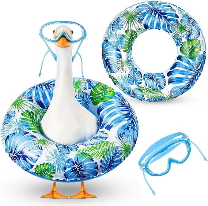 Aliceset 2 Pcs Summer Porch Goose Outfits Hawaiian Pool Goose Cloth Costume Swimsuit with Swim Ring Sunglasses, Fits 23'' Lawn Statue for Patio Yard Garden Outdoor Decor(Palm Style)