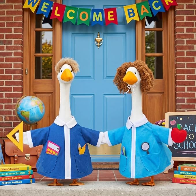 Abbylike 2 Set Back to School Porch Goose Outfit Teacher Classroom Yard Goose Costume Clothes with Book and Ruler Fits 23'' Cement for First Day of School Patio Lawn Garden Pathway Statue Decorations