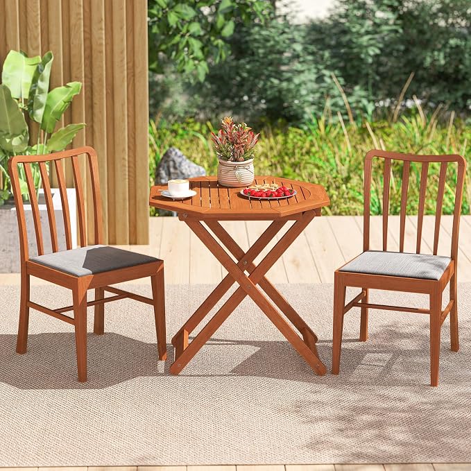 Byroce Outdoor Patio Table, Octagon Folding Bistro Table with Slatted Tabletop & 2” Umbrella Hole, Solid Wood Outdoor Dining Table, Portable for Backyard, Poolside & Balcony (2)