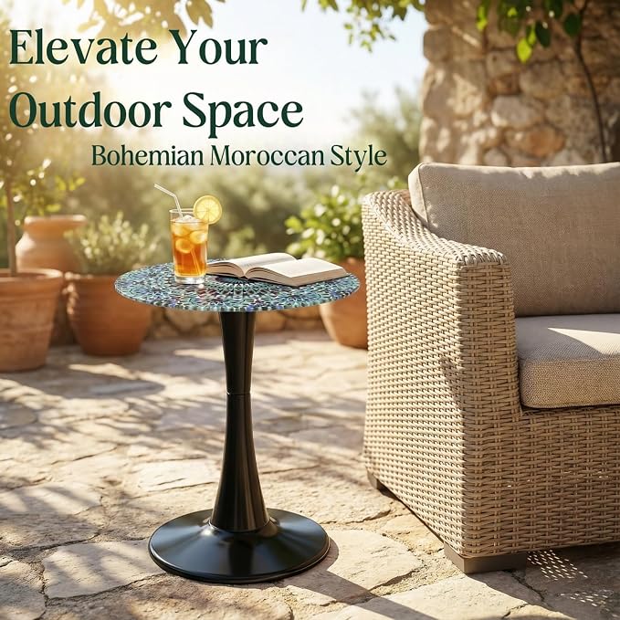 13.4" Outdoor Side Table, Round Patio Bistro Table Printed Tempered Glass Top, Waterproof Rust-Proof Base, Small Plant Stand for Balcony, Garden, Deck, 21.6" H (Blue Morocco)