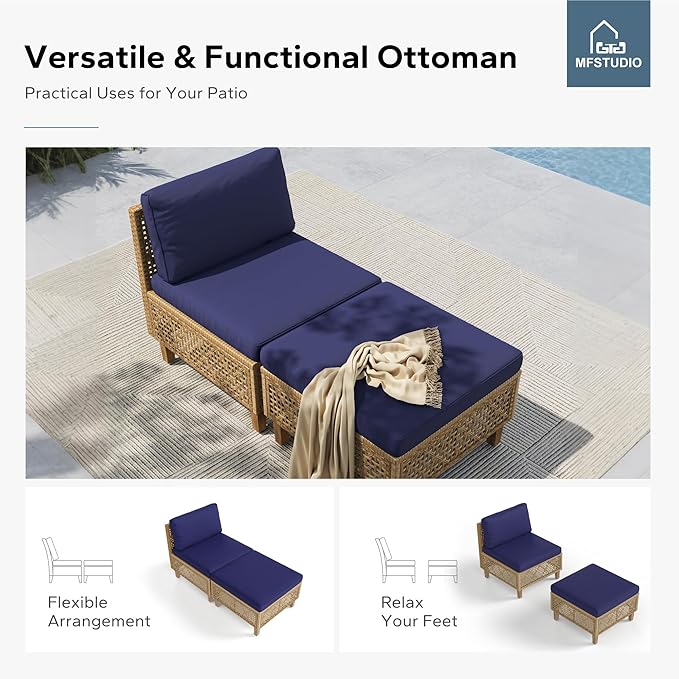 MFSTUDIO Wicker Patio Furniture Set, Rattan Outdoor Couch Sectional Sofa, 5 Pieces Patio Conversation Set with Acacia Wood Coffee Table, Outdoor Rattan Furniture Set for Garden or Balcony, Navy Blue