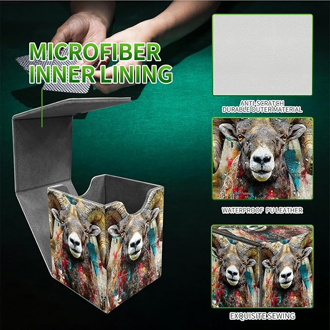 Brown Bighorn Sheep Card Deck Box for MTG, Personalized Card Storage Case Fits 120+ Sleeved Cards, Premium Leather TCG Box with Strong Magnetic Closure for Magic, CCG, PTCG, Baseball Cards