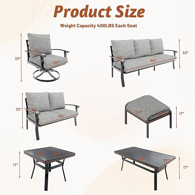 HOMREST Outdoor Furniture Thickened Cushion 360 Degree Swivel Rocking Patio Chairs with Ottomans and 3-Seat Sofa, Loveseat, Coffee Side Table, 8 PCS Metal Conversation Set for Garden, Deck, Poolside