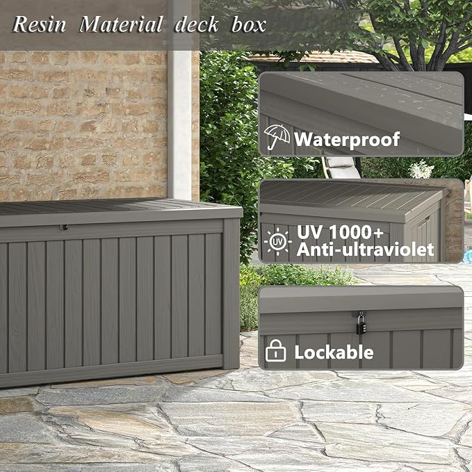 100 Gallon Deck Box, Large Resin Storage Bin, Waterproof and UV Resistant Lockable for Patio Furniture, Outdoor Cushions, Garden Tools